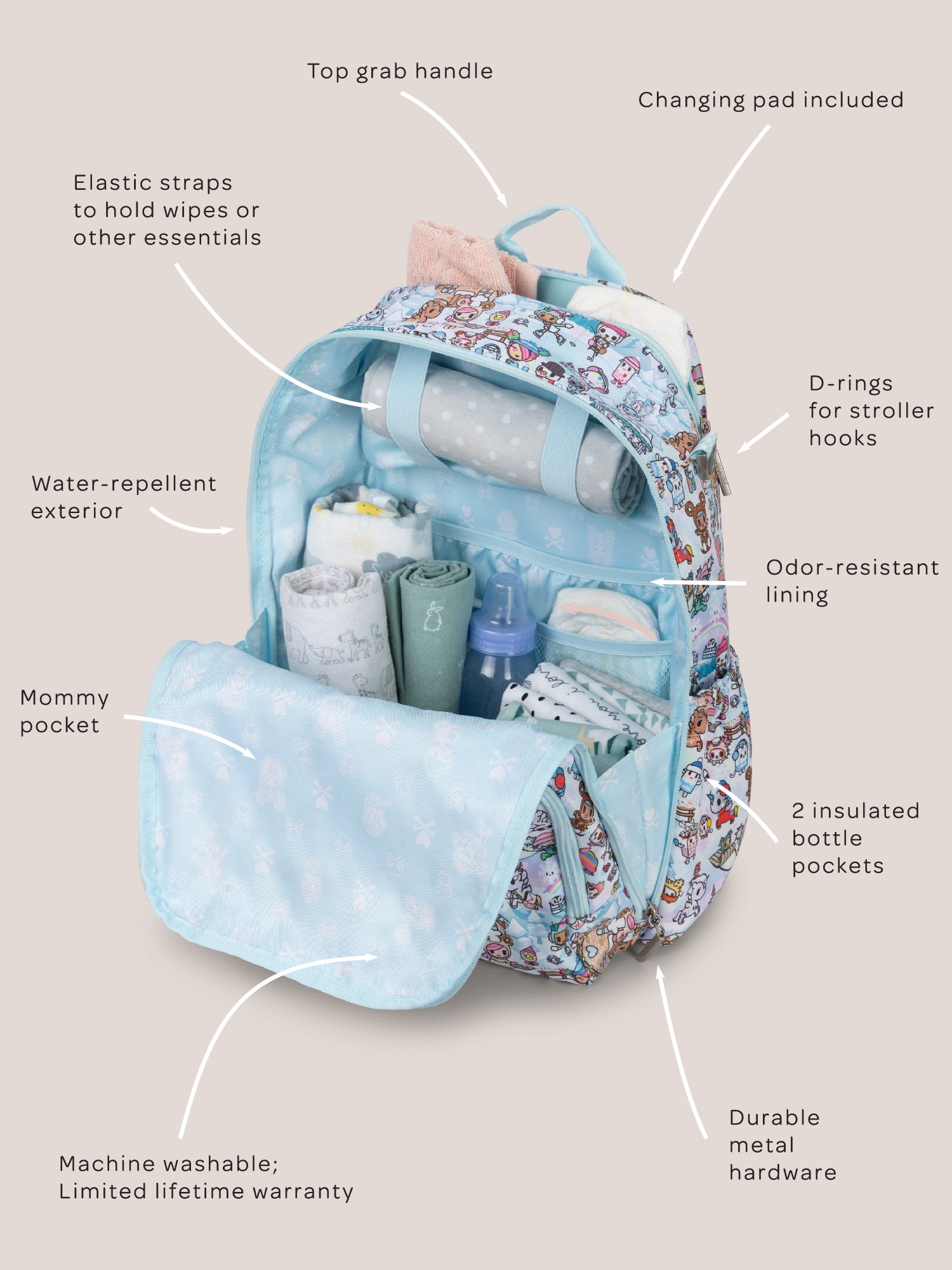 tokidoki Snow Day Zealous Backpack Diaper Bag — Ice Blue – Natural