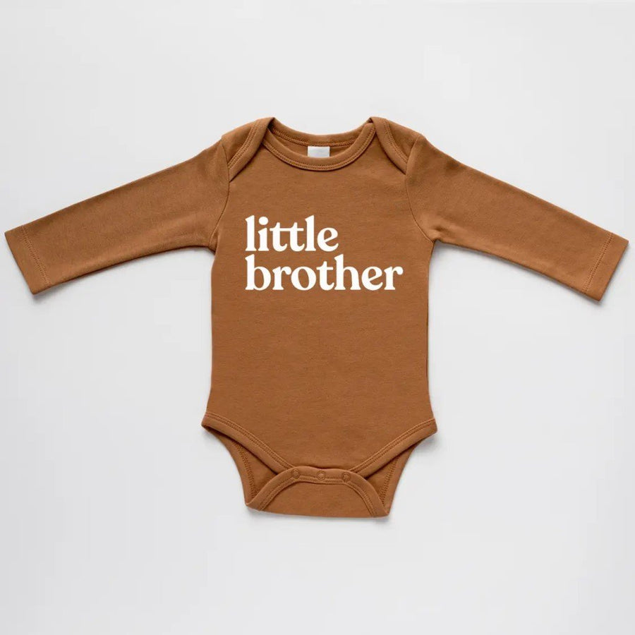 Gladfolk organic little brother long-sleeved baby bodysuit in camel with white ink