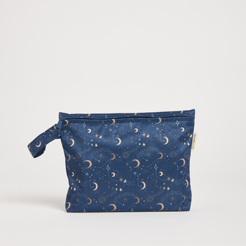 Blue pouch with celestial pattern on a white background