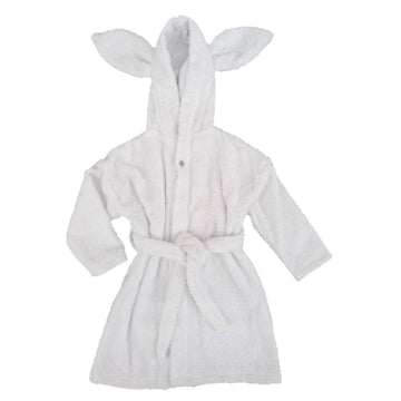 White children's robe with bunny ears on a white background