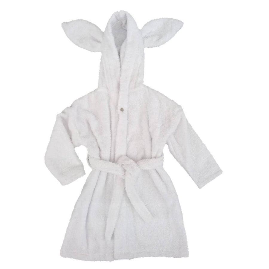 White children's robe with bunny ears on a white background