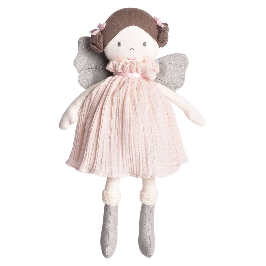 Stuffed toy fairy with a pink dress and gray wings on a white background