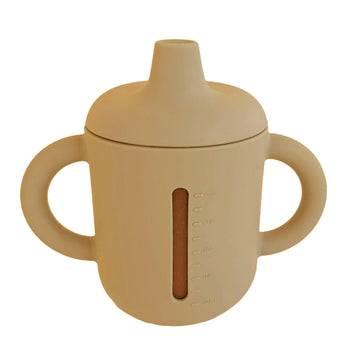 Yellow sippy cup with handles on a white background