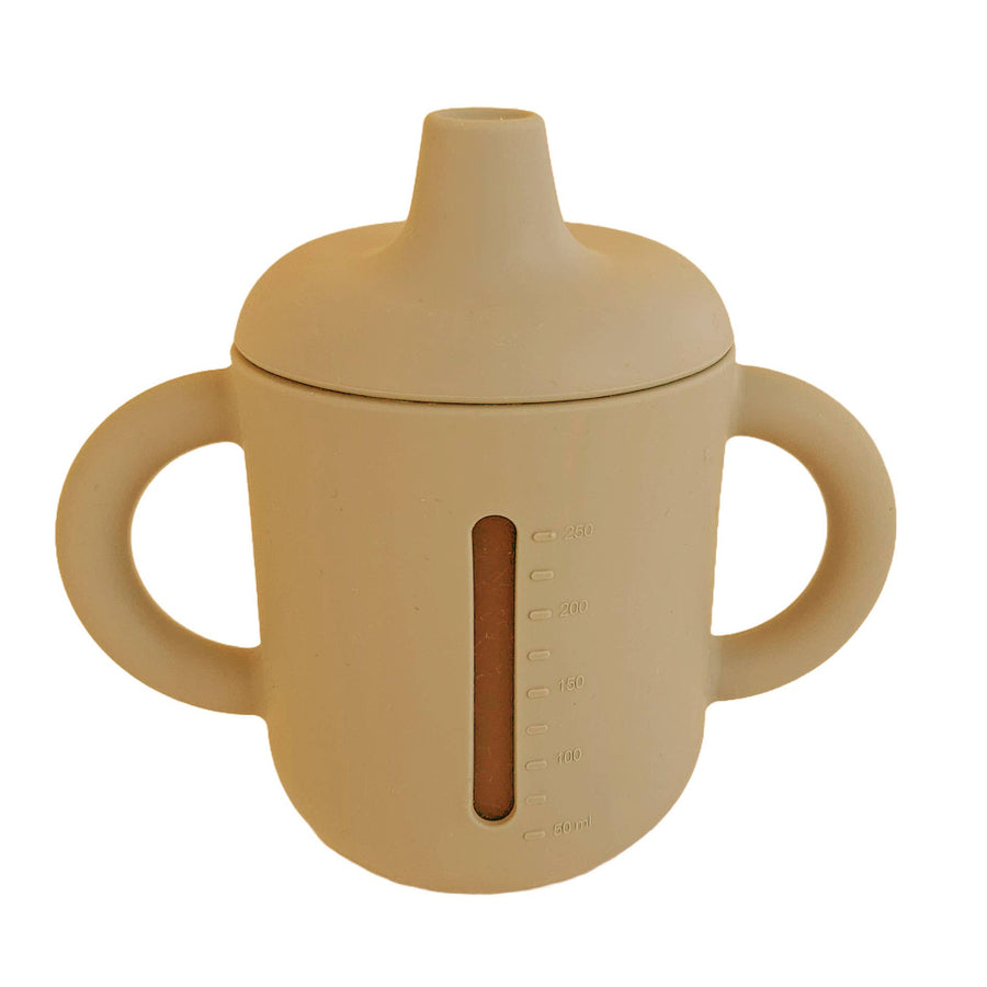 Yellow sippy cup with handles on a white background