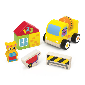 Set of colorful wooden toys including a house, truck, and animal figures on a white background
