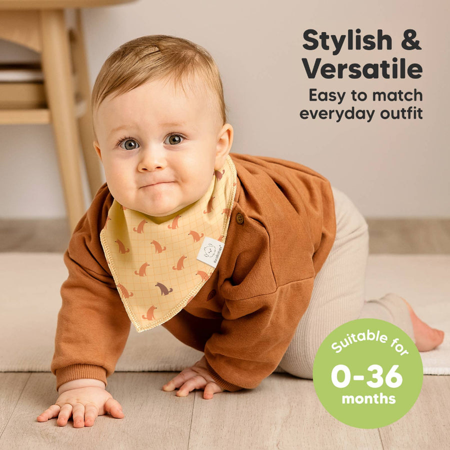 Baby wearing a brown outfit with a patterned bib, suitable for 0-36 months.