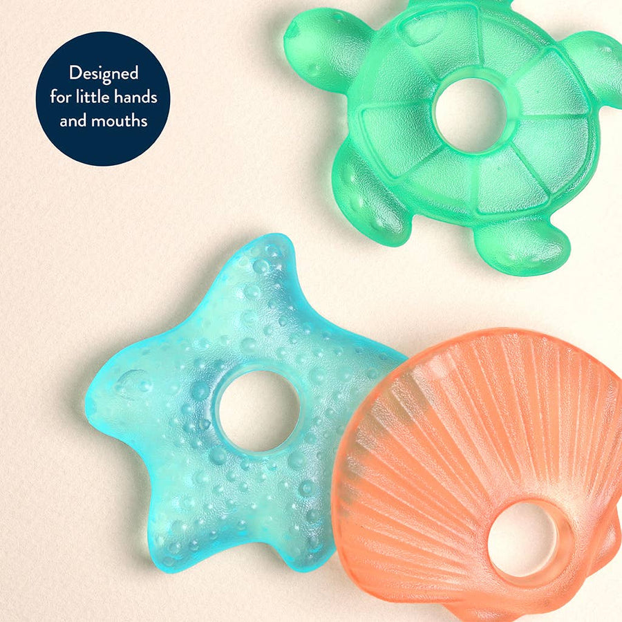 Three colorful teething toys shaped like a turtle, starfish, and shell on a beige background.