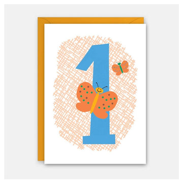 Image of the card - it has a blue number 1 on an orange cross-hatched background, with 2 orange butterflies