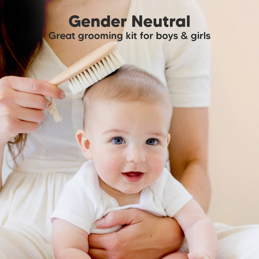 Baby being groomed with a brush, with text 'Gender Neutral Great grooming kit for boys & girls' above.