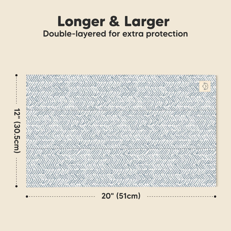 Measurement chart of a double-layered product with a blue and white pattern on a beige background.