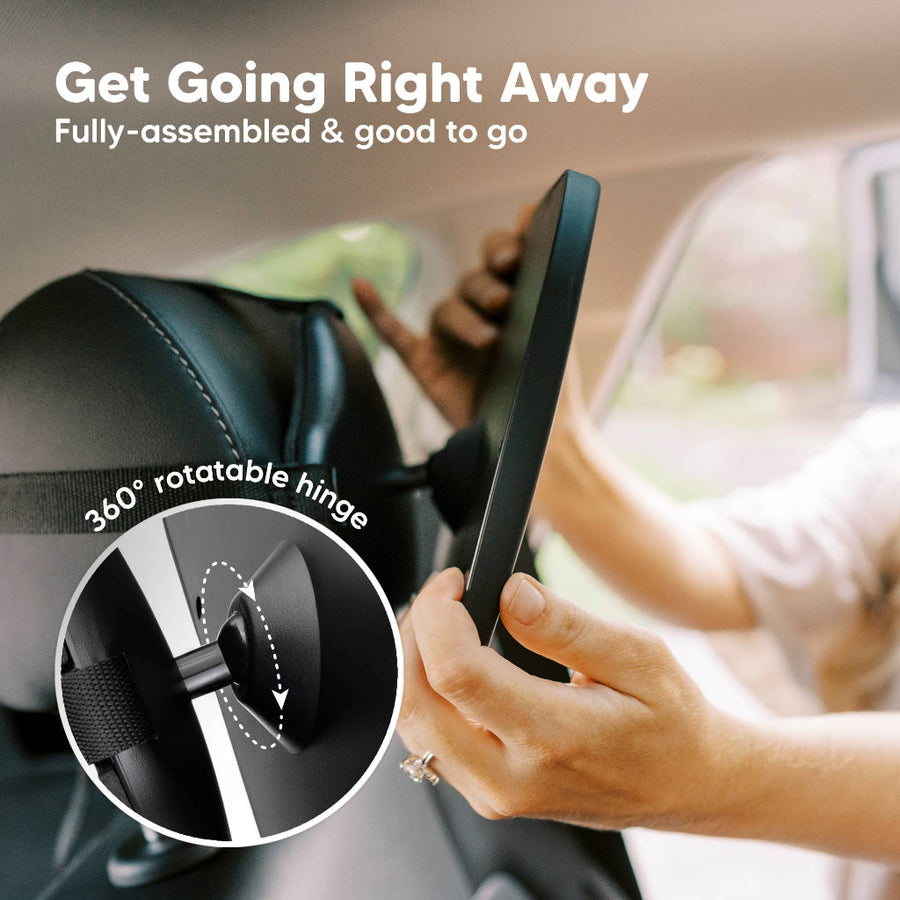 Person using a car phone holder with text 'Get Going Right Away' and '360 rotatable hinge' feature.