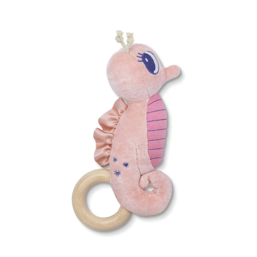 Organic Plush + Wood Teething Rattle - Pink Seahorse