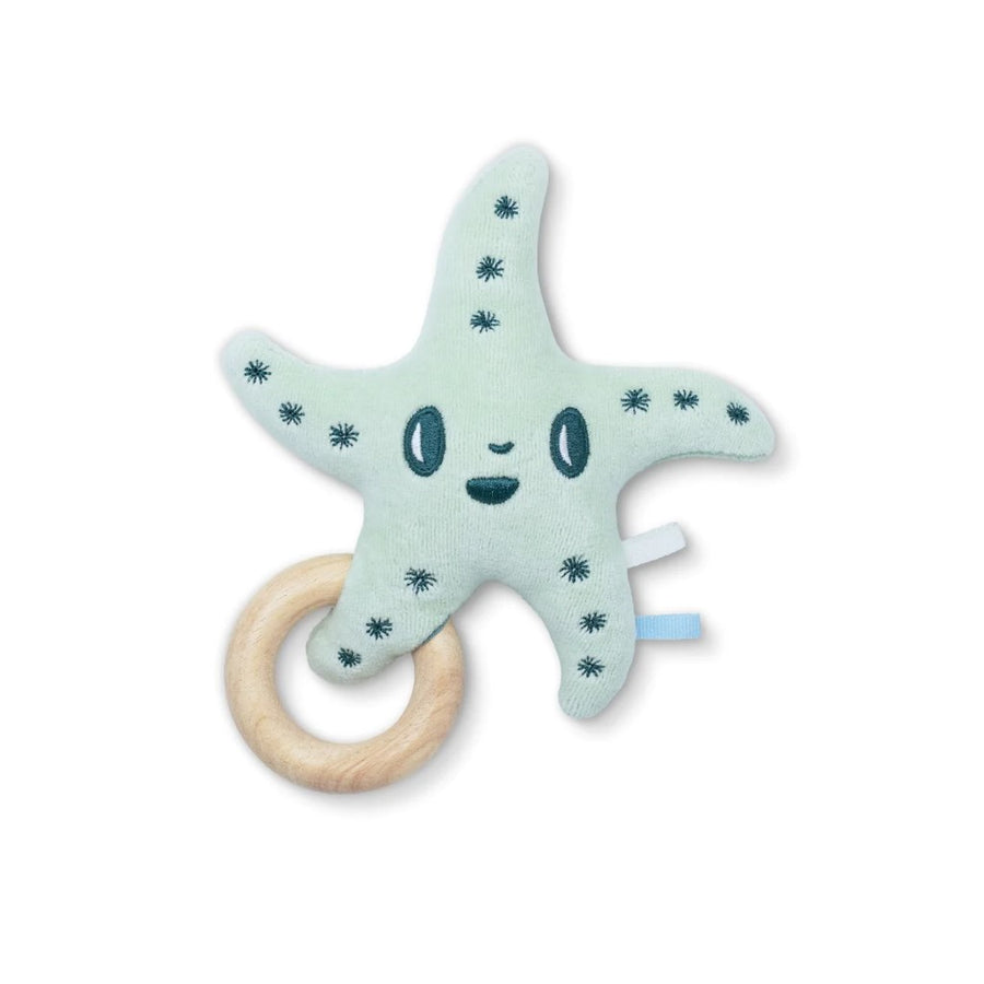 Organic Plush + Wood Teething Rattle - Teal Sea Star – Natural