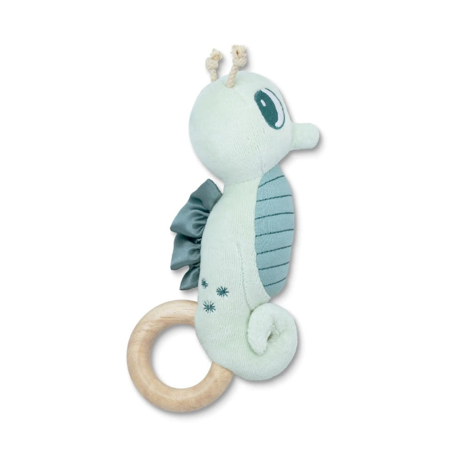 Organic Plush + Wood Teething Rattle - Teal Seahorse
