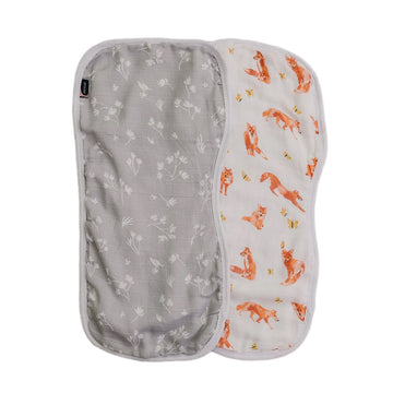 Picture of the Prairie burp cloth and the Fox Tales burp cloth against a white background