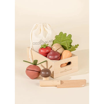 Picture showing the wooden veggies, cloth bag, wood knife, and wooden crate