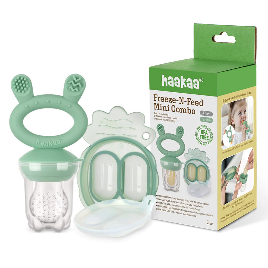 picture of the pea green self-feeder, mini tray, and their box