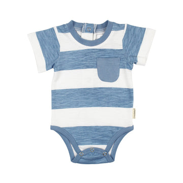 A picture of the L'ovedbaby Slub Jersey Crewneck Bodysuit in Pool Stripe against a white background