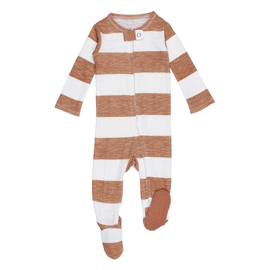 Picture of the L'ovedbaby Slub Jersey Footie in Adobe Stripe, against a white background