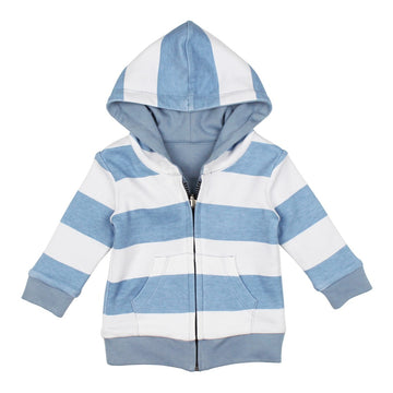 Picture of the L'ovedbaby Reversible Zipper Baby Hoodie in Pool showing the striped side, against a white background