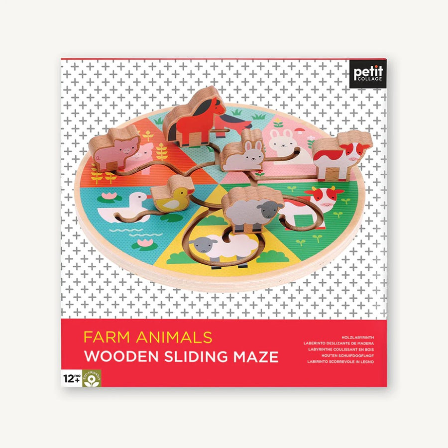 Image shows the product packaging for the Farm Animals Wooden Sliding Maze, which is a box with a picture of the product against a white background with a pattern of gray plus-shaped geometric shapes, and a red section at the bottom with the product name & information