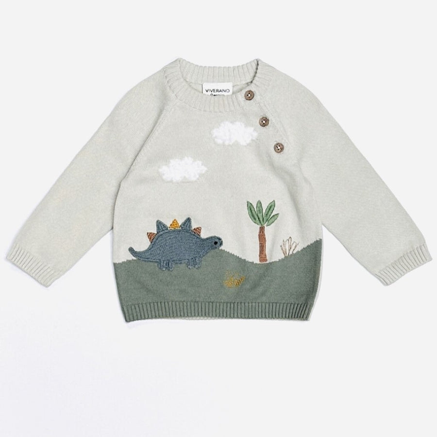 Organic Cotton Knit Baby Pullover Sweater - Dino Applique