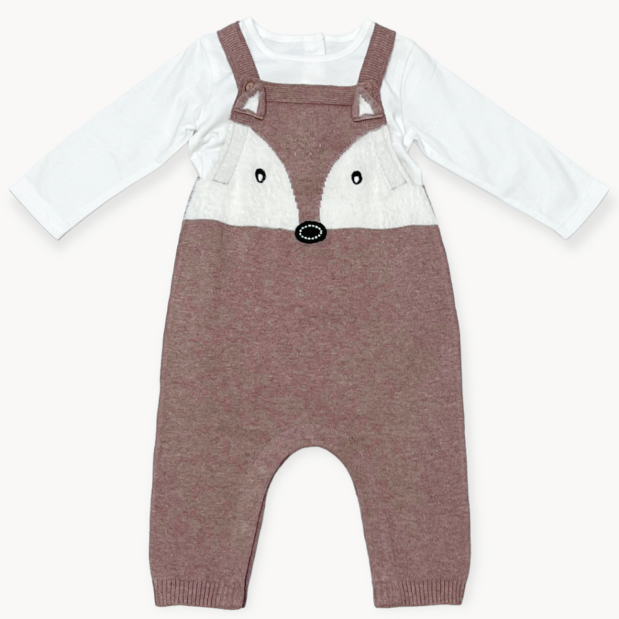 Fox Jacquard Knit Baby Overall Set