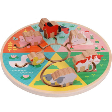 Picture shows the Petit Collage Farm Animals Wooden Sliding Maze against a white background