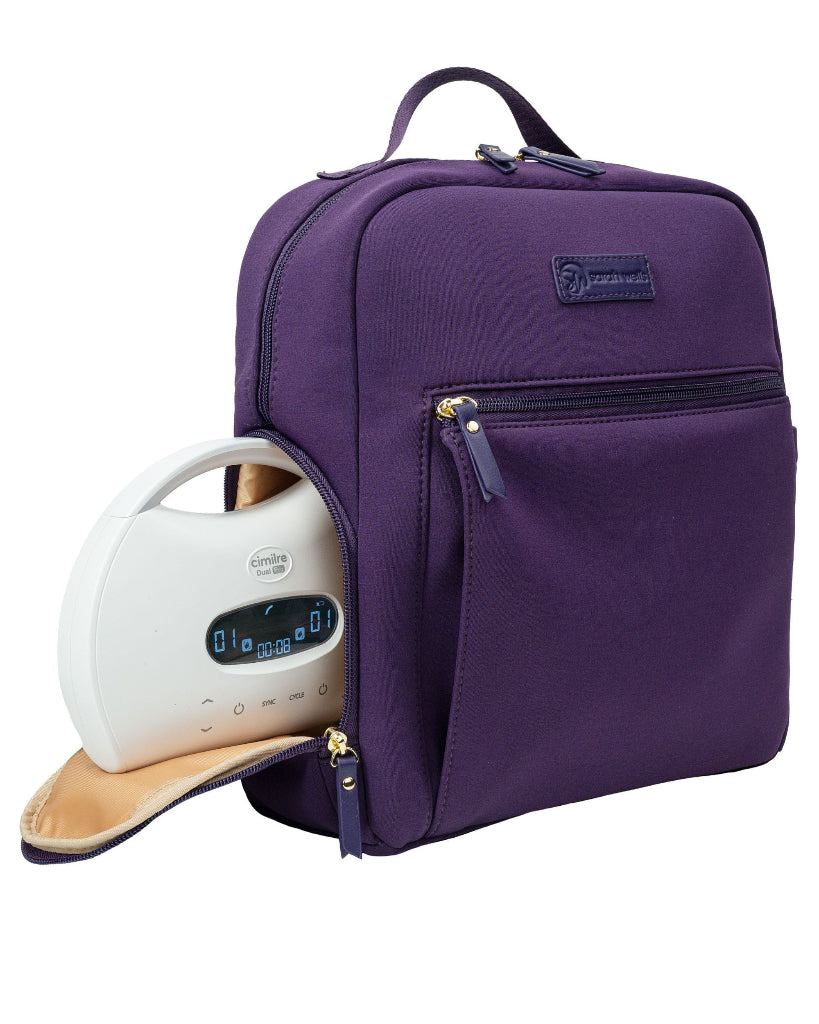 Purple backpack with a white appliance inside on a white background
