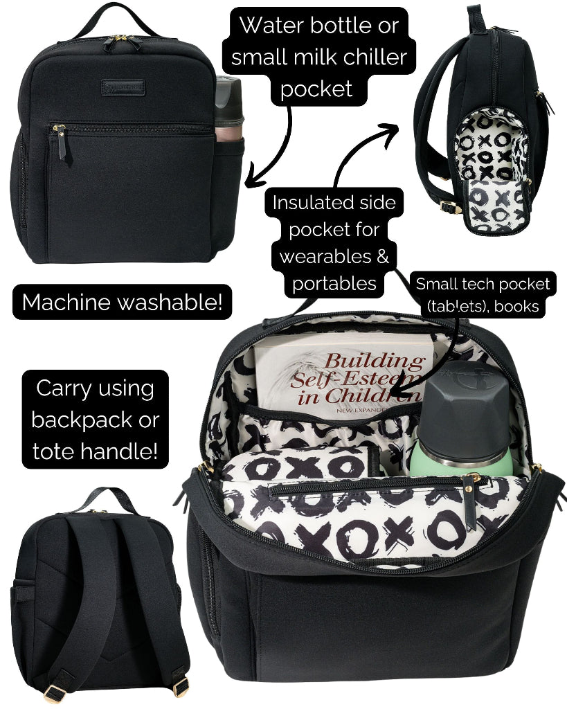 Black backpack with various compartments and items, including a water bottle and a book, with text labels describing features.