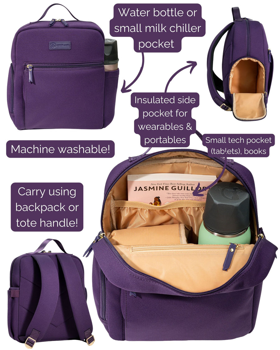 Purple backpack with various compartments and features highlighted on a white background