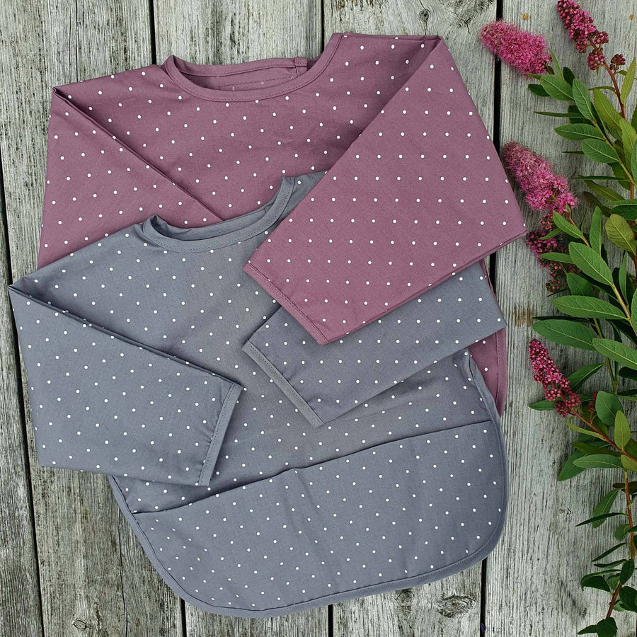 Organic Baby Bib With Sleeves - Grey Dotty