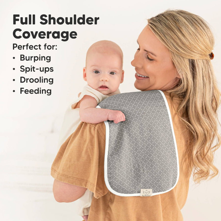 Woman holding a baby with a bib, text about full shoulder coverage