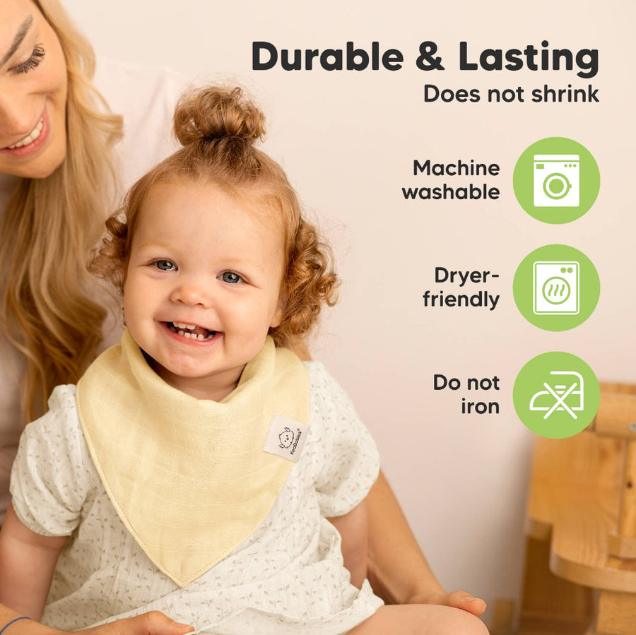 Child wearing a yellow bib with a woman, featuring text about the bib's durability and care instructions.