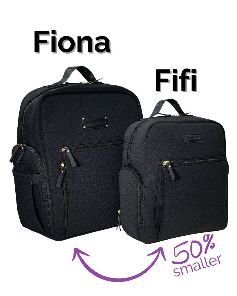 Two black backpacks labeled 'Fiona' and 'Fifi' with a purple arrow indicating '50% smaller'.