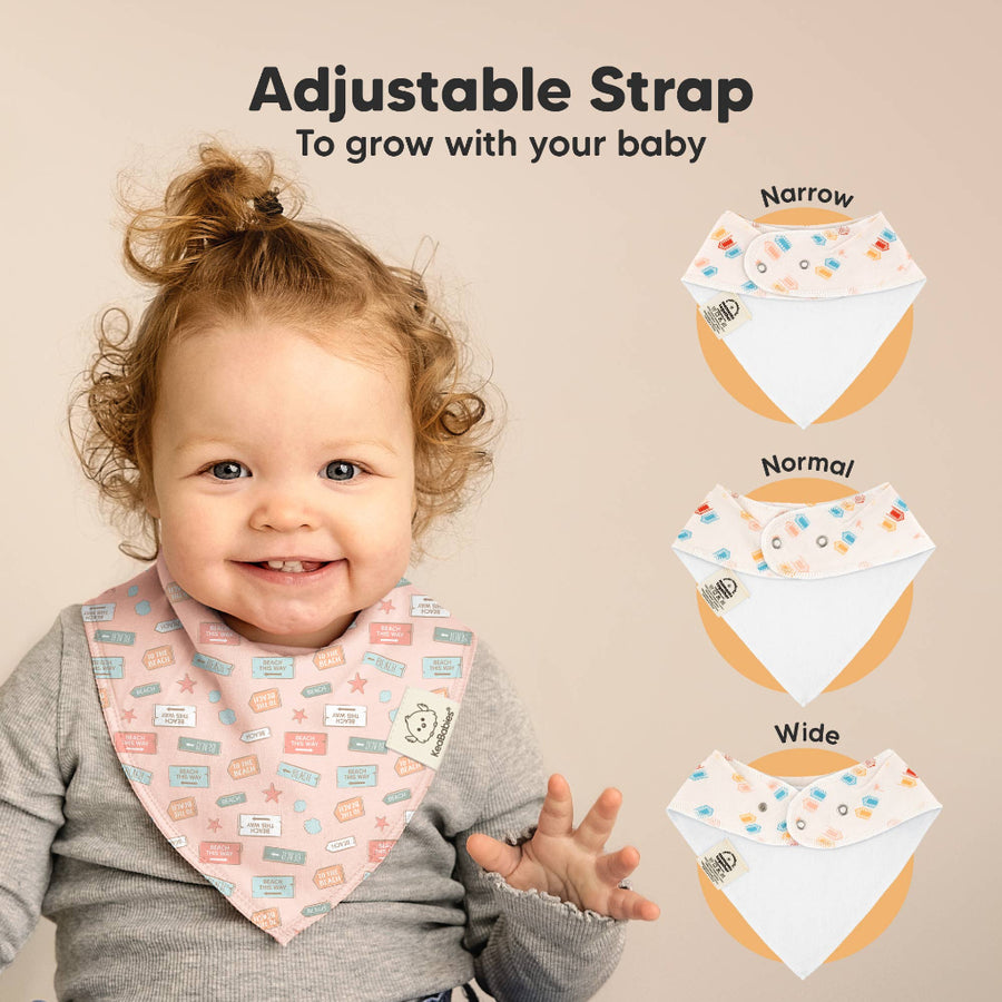 Child wearing a colorful bib with adjustable strap features and size options displayed.