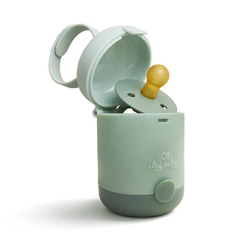 Mint green pacifier case with a green pacifier on a white background