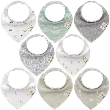 Set of 8 baby bibs in various patterns on a white background