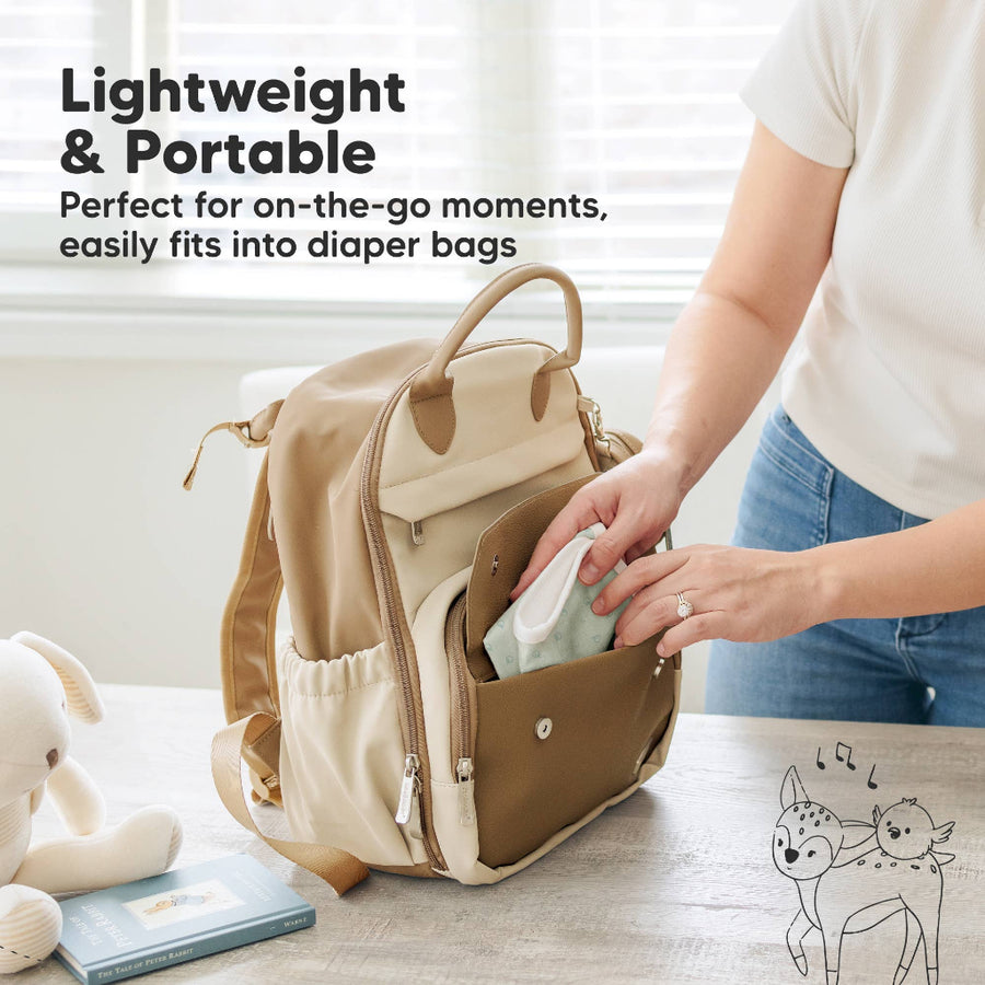Beige backpack with a person placing items into it, with text highlighting its portability.