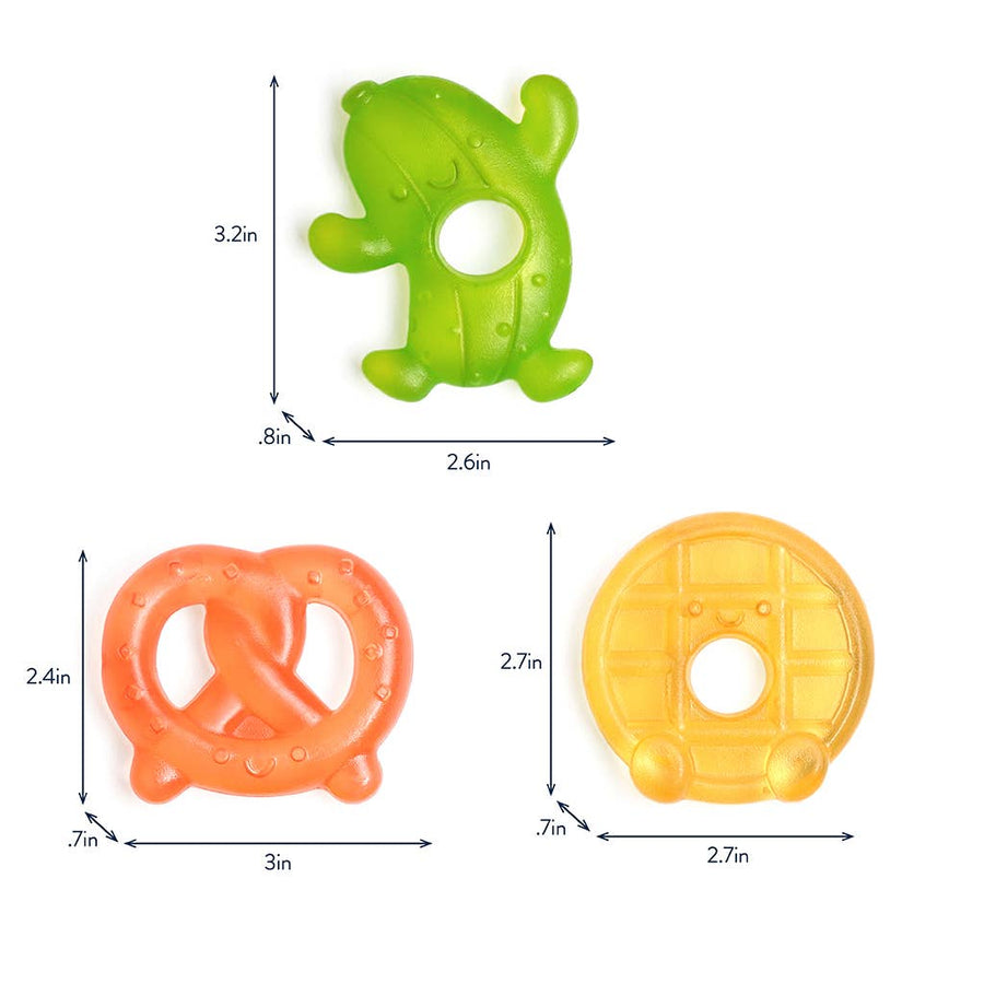 Three colorful baby teething toys with measurements on a white background