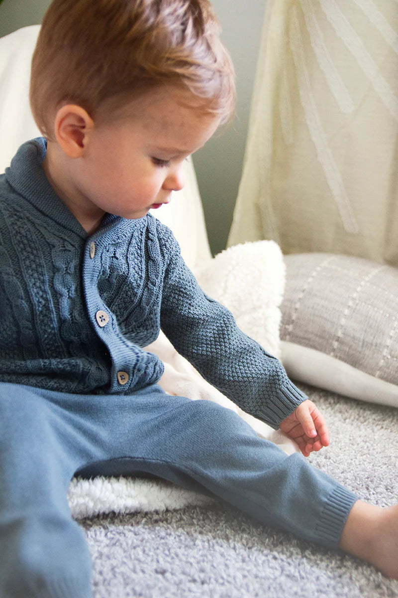 Shawl Collar Cable Knit Baby Cardigan Sweater - Teal Blue
