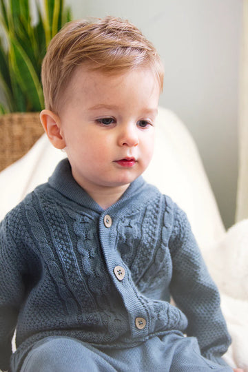 Shawl Collar Cable Knit Baby Cardigan Sweater - Teal Blue
