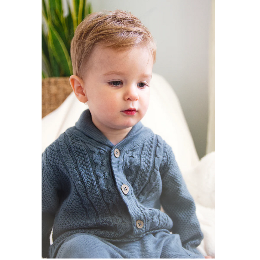 Shawl Collar Cable Knit Baby Cardigan Sweater - Teal Blue