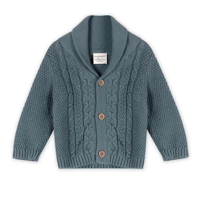 Shawl Collar Cable Knit Baby Cardigan Sweater - Teal Blue