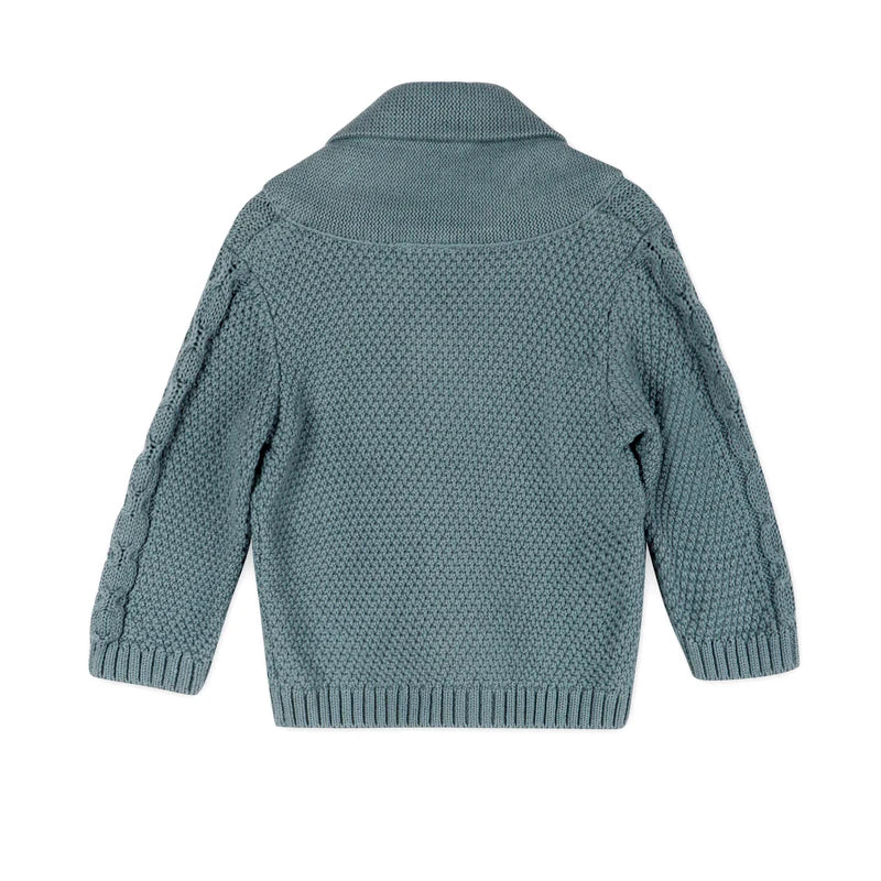 Shawl Collar Cable Knit Baby Cardigan Sweater - Teal Blue