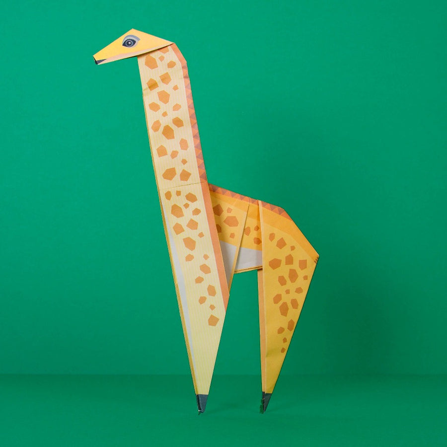 Image shows the assembled giraffe, against a green background