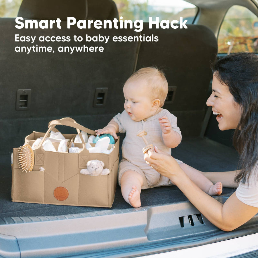 Woman with a baby in a car trunk next to a storage bag labeled 'Smart Parenting Hack'.
