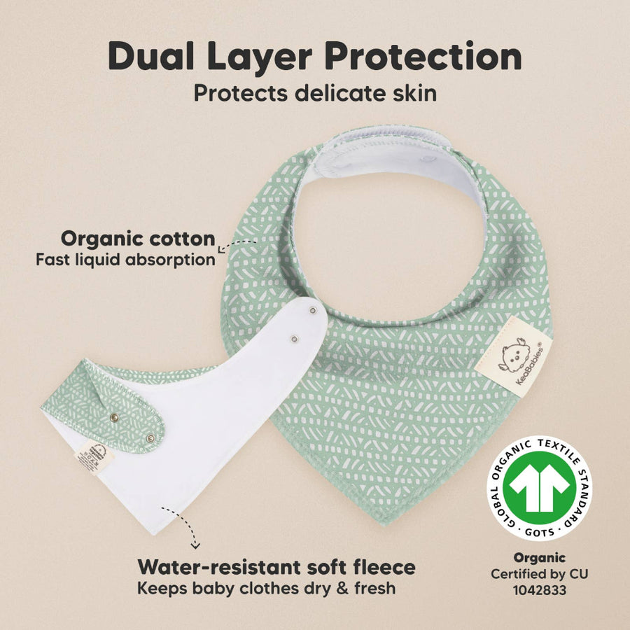Baby bib with organic cotton and water-resistant soft fleece, featuring dual layer protection on a beige background.