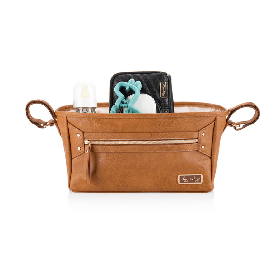 Brown leather organizer with handles on a white background