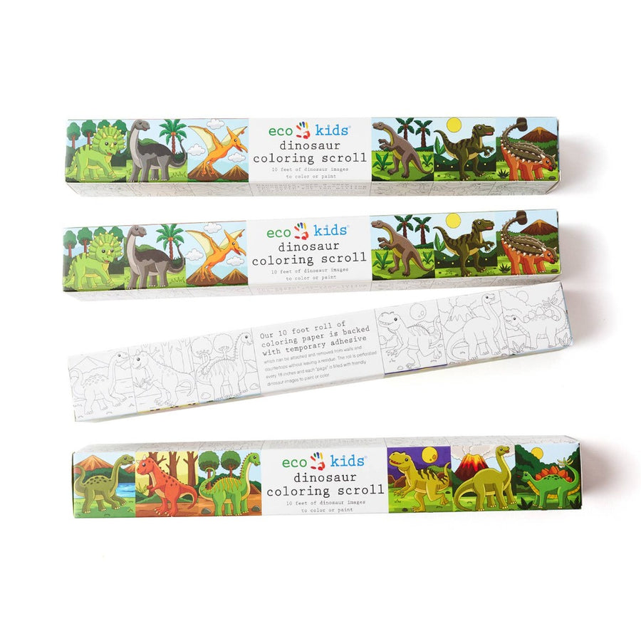 picture showing the different sides of the eco kids coloring scroll box. It is long and narrow like a box of parchment paper or tinfoil and has colorful dinosaur pictures on 3 sides and uncolored dino outlines on one side